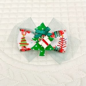 画像1: Wリボン・緑チュール×クリスマスツリー模様リボン＆ドット模様クリスマスツリー×プレゼントBOXチャーム
