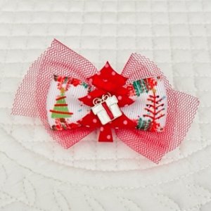 画像1: Wリボン・赤チュール×クリスマスツリー模様リボン＆ドット模様クリスマスツリー×プレゼントBOXチャーム