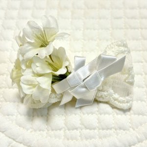 画像1: オフホワイトレースリボン×白サテン&オフ白お花（ＪＤバレッタ）