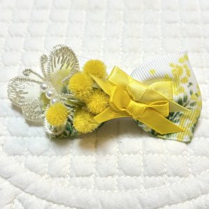 画像1: ミモザブーケ・ミモザ模様プリントリボン×ミモザ×サテンリボン&パール付レース蝶々（ＪＤバレッタ）