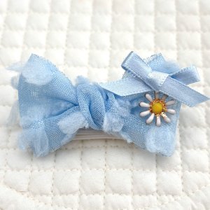 画像1: 水色ガーゼ地フワフワリボン×水色サテン&お花チャーム（JDバレッタ）