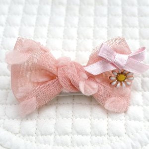 画像1: ピーチガーゼ地フワフワリボン×ピーチピンクサテン&お花チャーム（JDバレッタ）