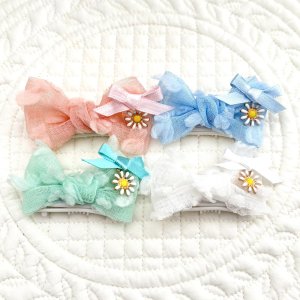 画像2: ミントガーゼ地フワフワリボン×ミントサテン&お花チャーム（JDバレッタ）