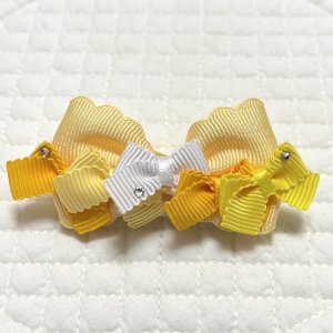 画像1: プチリボン・黄身色サイドスカラップリボン×スワロフスキーラインストーン付黄色系ペタシャムグログラン（ＪＤバレッタ）