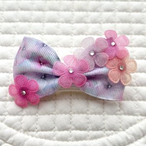 画像1: あじさいカラー・あじさい模様リボン×ピンク系スワロフスキーラインストーン付シフォンお花（JDバレッタ）