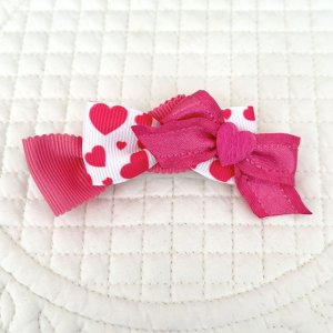 画像1: トリプルリボン・インディピンクペタシャムグログラン×白地濃いピンクハート模様×濃いピンクサイドフリルサテン&小さなボアハート（ＪＤバレッタ）