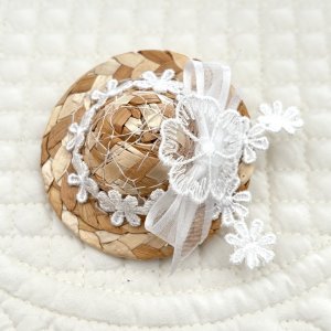 画像1: 麦わら帽子・白小花レース×サイドサテンオーガンジー×お花チュールレース（ＪＤバレッタ）