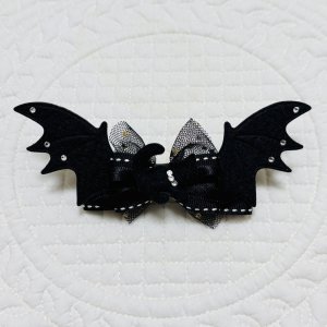 画像1: 黒マットコウモリの羽スワロフスキーラインストーン付・黒星模様チュール×黒ステッチ×黒サテン&スワロフスキーラインストーン付黒猫（ＪＤバレッタ）