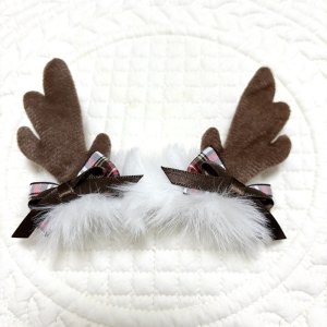 画像1: トナカイリボン・濃茶トナカイの角&白エコファー×こげ茶赤チェック模様×こげ茶サテン（ＪＤバレッタ）