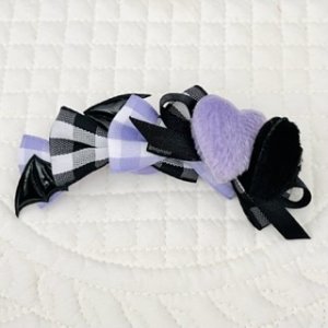 画像: ４連リボン・ラベンダーチェック×黒チェック×黒サテン＆ラベンダー、黒スワロフスキーのラインストーン付クッションハート×コウモリの羽（ＪＤバレッタ）