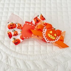 画像: トリプルリボン・淡オレンジラメチュール×ジャックランタン模様×オレンジステッチ&オレンジレース&ジャックランタン（ＪＤバレッタ）