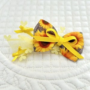 画像: トリプルリボンリボン・薄茶地ひまわり模様×黄色サイドハートピコットオーガンジー＆黄色サテン（ＪＤバレッタ）