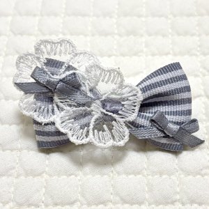 画像: グレーストライプ×＆白お花チュールレース×グレーサテンリボン