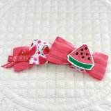 画像: トリプルリボン・インディピンクペタシャムグログラン×白地ピンクスイカ模様×コーラルサテンオーガンジーストライプ&スイカ刺繍ワッペン（ＪＤバレッタ）