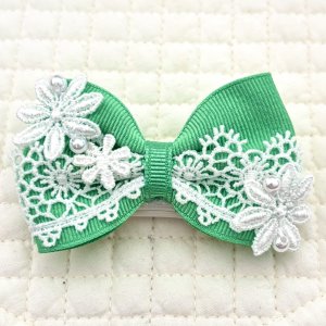 画像: 黄緑グログラン×白レース&お花レース×プチパール（ＪＤバレッタ）