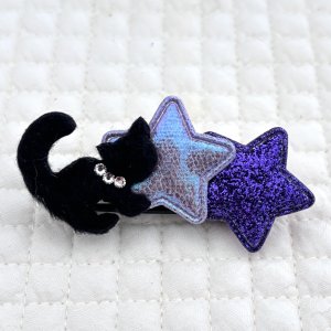 画像: スワロフスキーラインストーン付黒猫×オーロラ星×紫ラメクッション星（ＪＤバレッタ）
