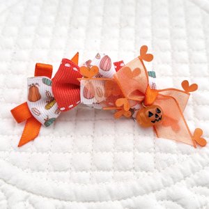 画像: ５連リボン・オレンジサイドハートピコットオーガンジー×かぼちゃ模様リボン×オレンジステッチ&ジャックランタンチャーム（ＪＤバレッタ）