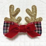 画像: トナカイリボン・ゴールドラメトナカイの角&USAリボン赤系チェックリボン×赤ベルベット(JDバレッタ)