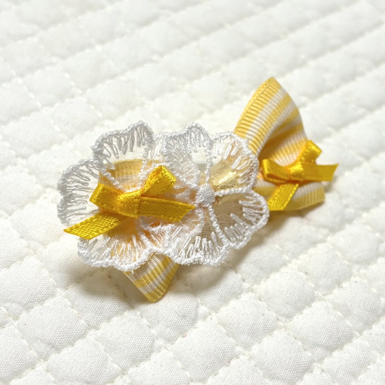 画像: 黄身色ストライプ×＆白お花チュールレース×黄色サテンリボン