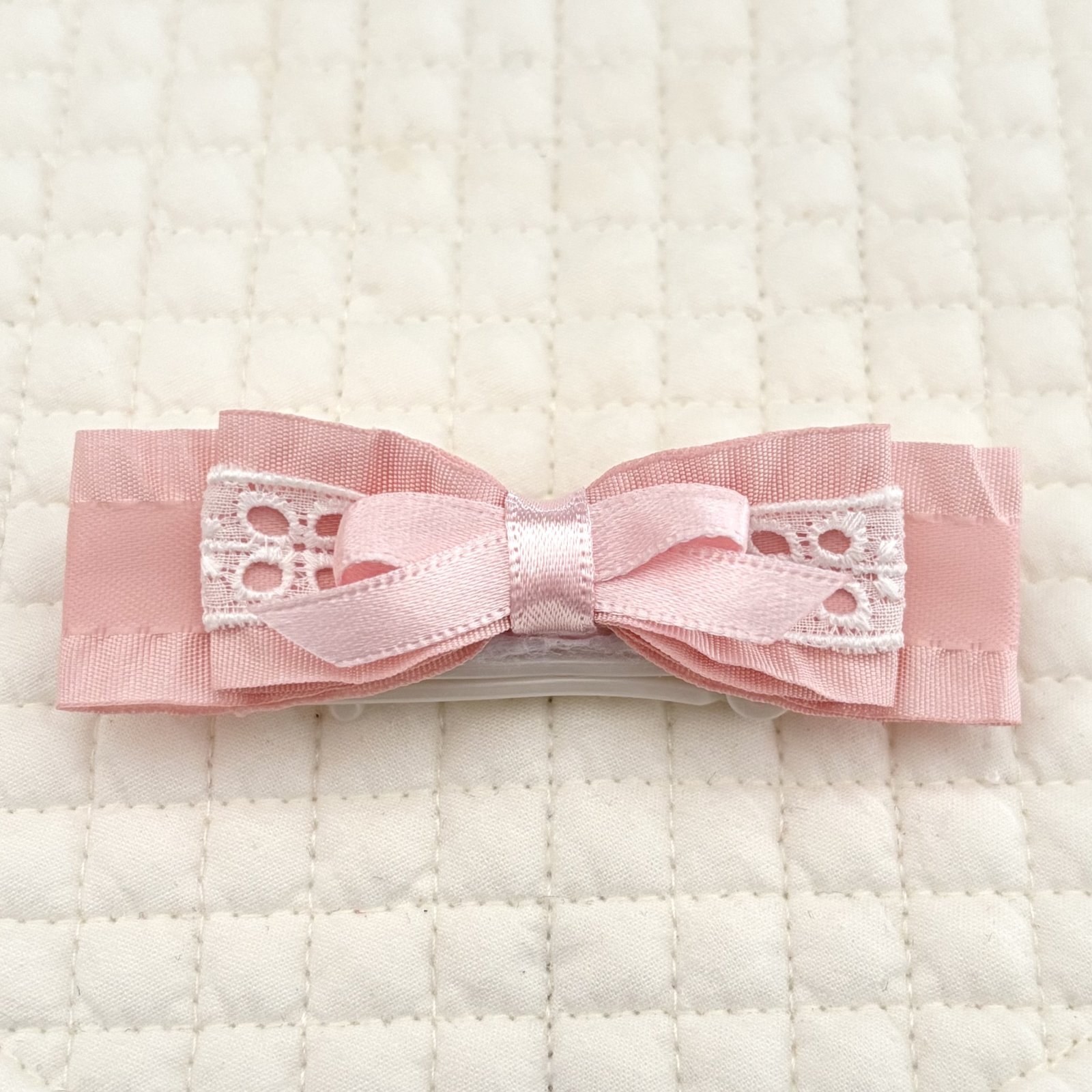 画像1: トリプルリボン・ピーチピンクサイドフリルサテン×白レース×ピーチピンクサテン（ＪＤバレッタ）