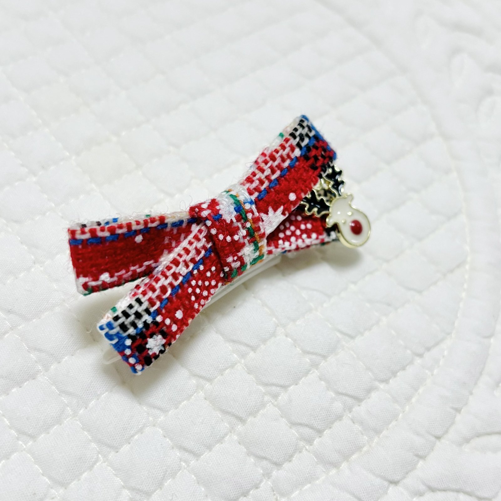 画像: ツイードファブリックリボン赤系チェック模様&トナカイチャーム（JDバレッタ）