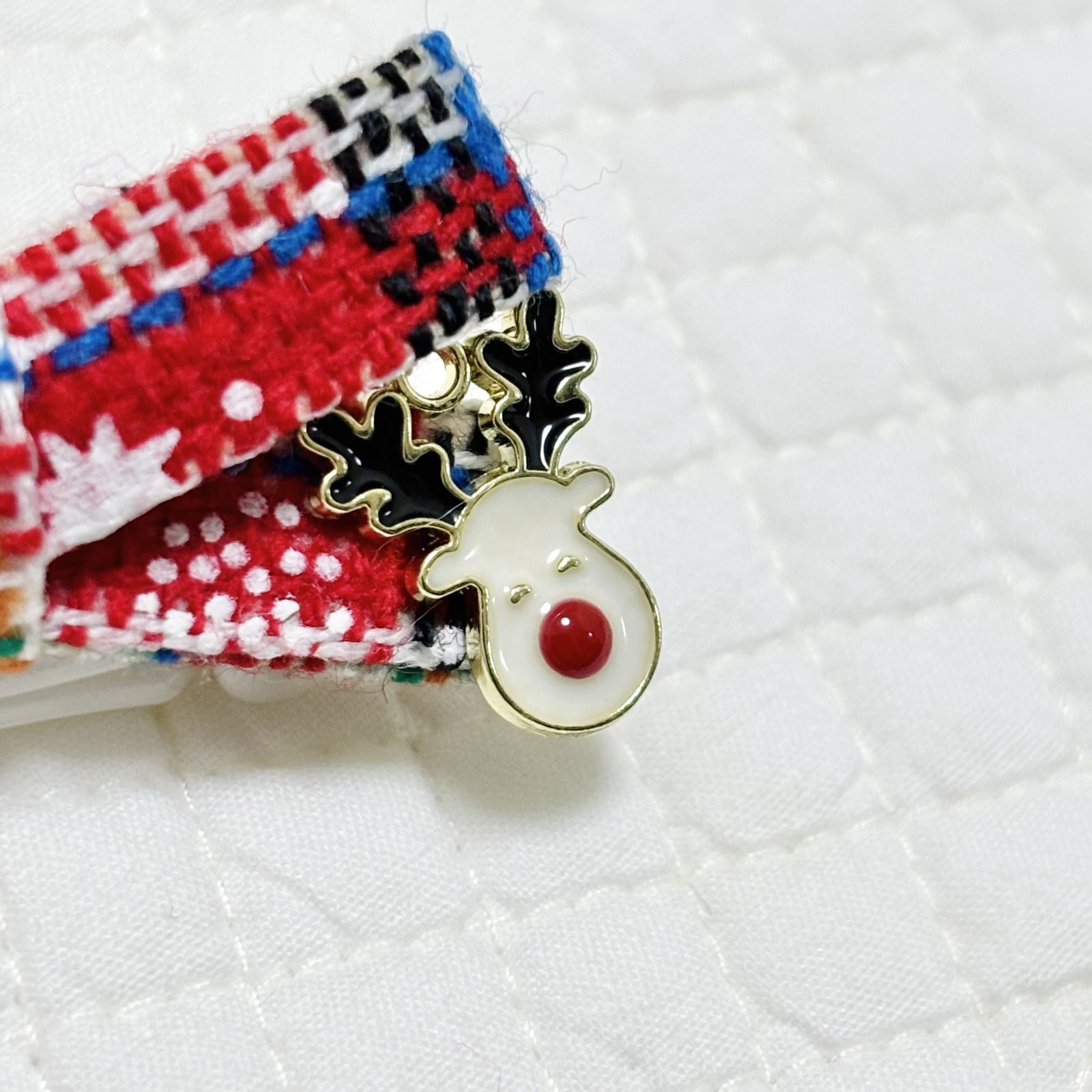 画像: ツイードファブリックリボン赤系チェック模様&トナカイチャーム（JDバレッタ）