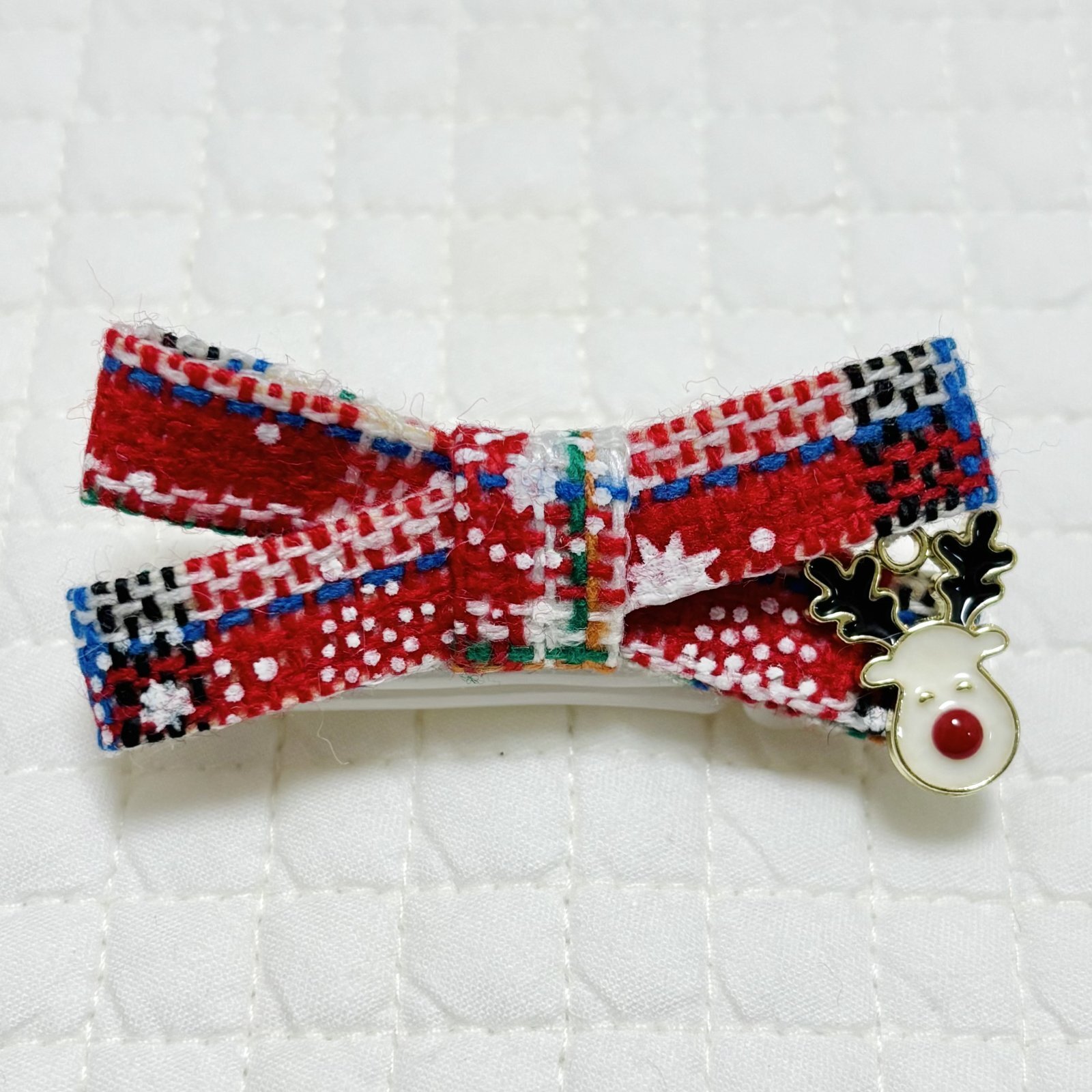 画像1: ツイードファブリックリボン赤系チェック模様&トナカイチャーム（JDバレッタ）