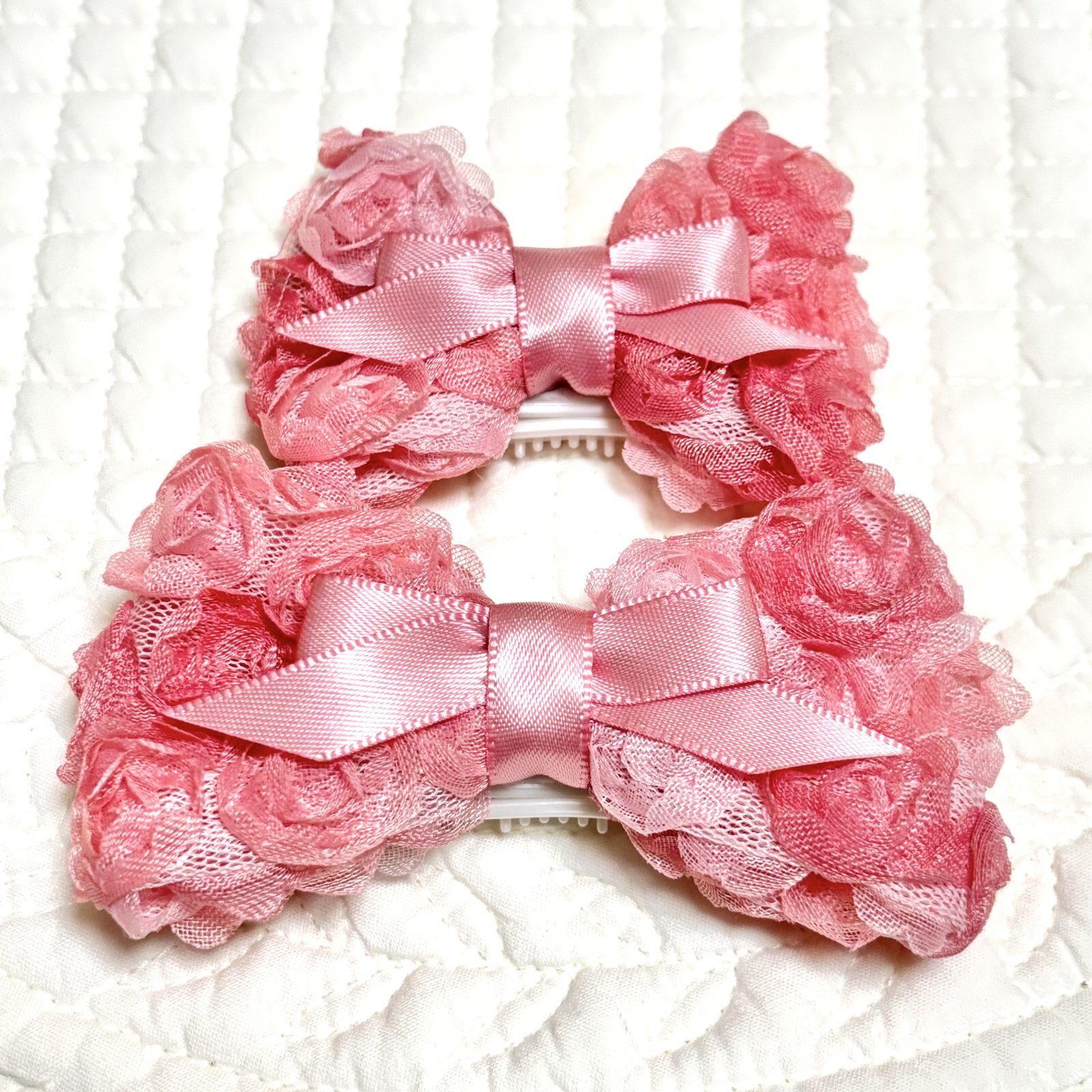 画像: ピンクグラデーション薔薇リボン＆くすみぴんくサテン・Ｓサイズ（JDバレッタ）