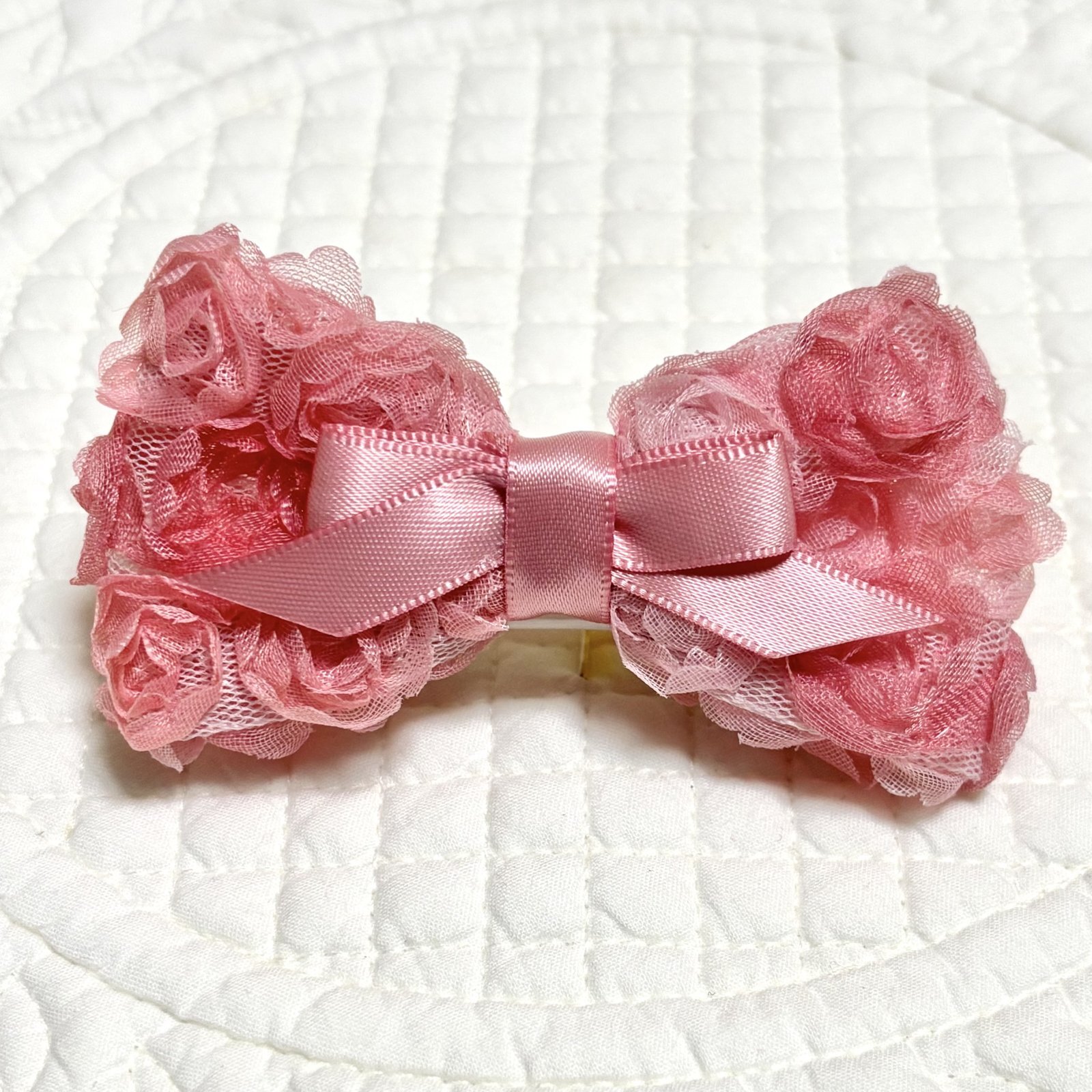 画像1: ピンクグラデーション薔薇リボン＆くすみぴんくサテン・Ｌサイズ（JDバレッタ）
